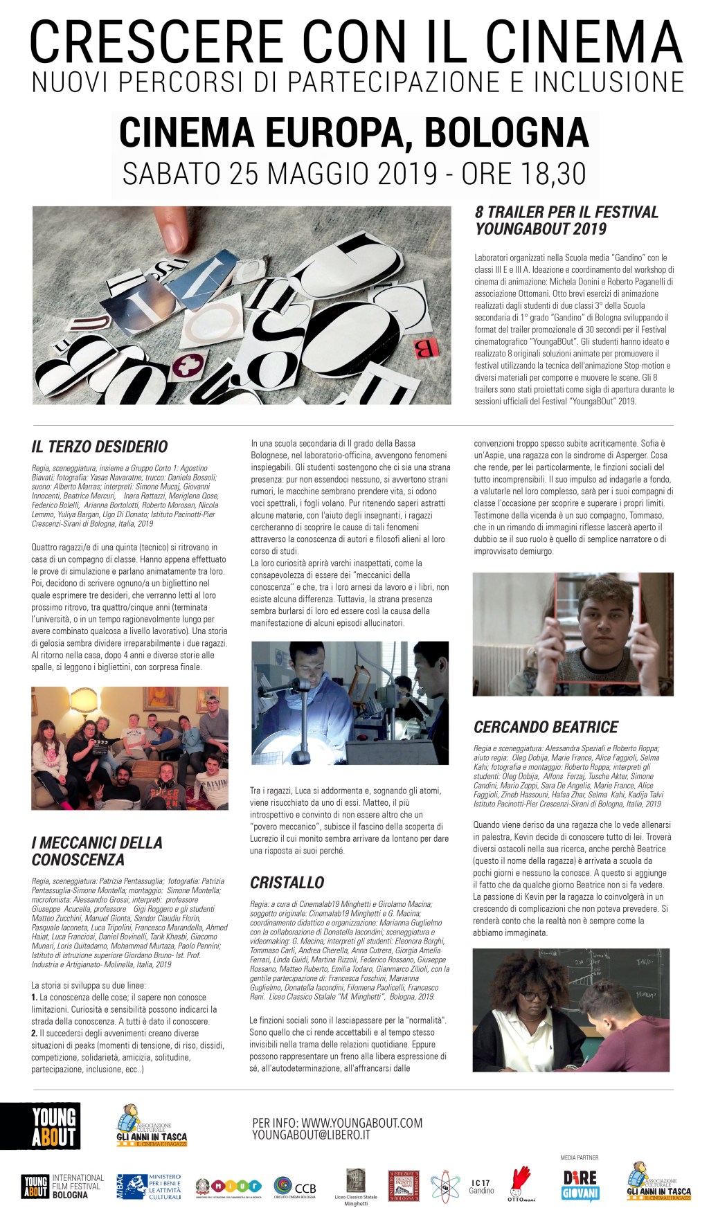 Bologna, Cinema Europa: si concludono oggi le attività per il 2019 di Youngabout International Film&nbsp;Festival