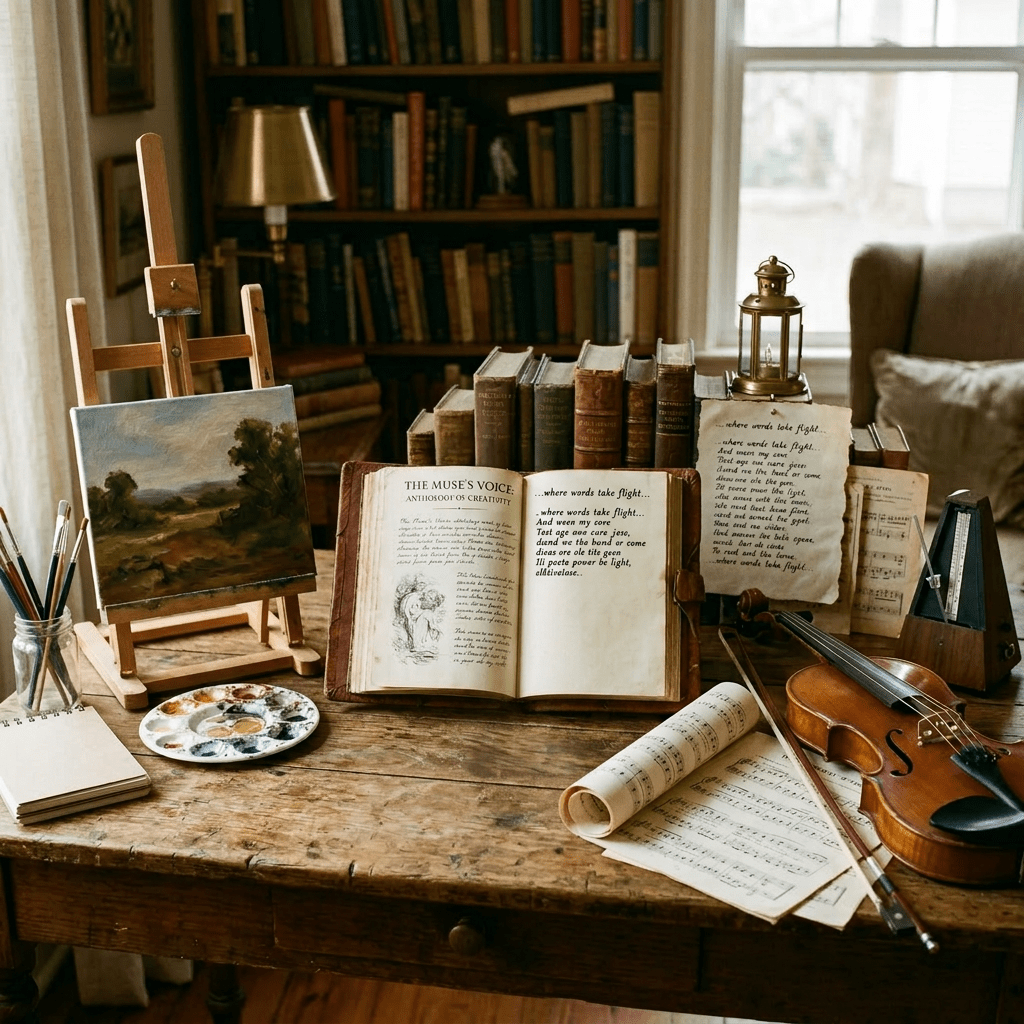 Desk with painting supplies, open poetry book, violin with sheet music, and vintage books