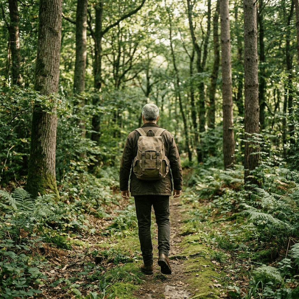 Middle-aged man with backpack standing on forest trail looking ahead