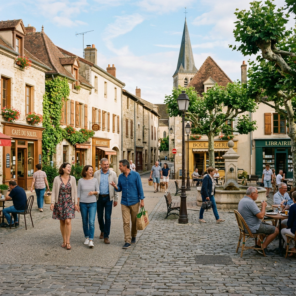 Village square with people walking and talking