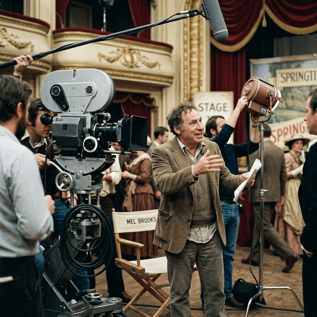 Film director discussing scene on a movie set with camera and crew
