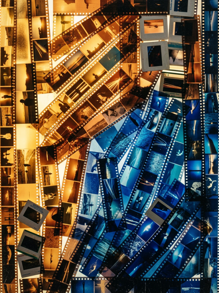 Overlapping strips of photographic film negatives and slides in warm amber and cool blue tones