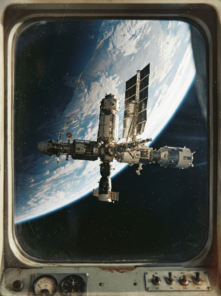 Space station in orbit with solar panels against view of Earth and stars